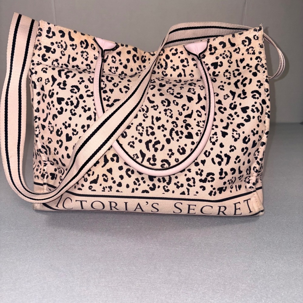 Victorias Secret Leopard Animal Print Canvas Tote Bag Pink